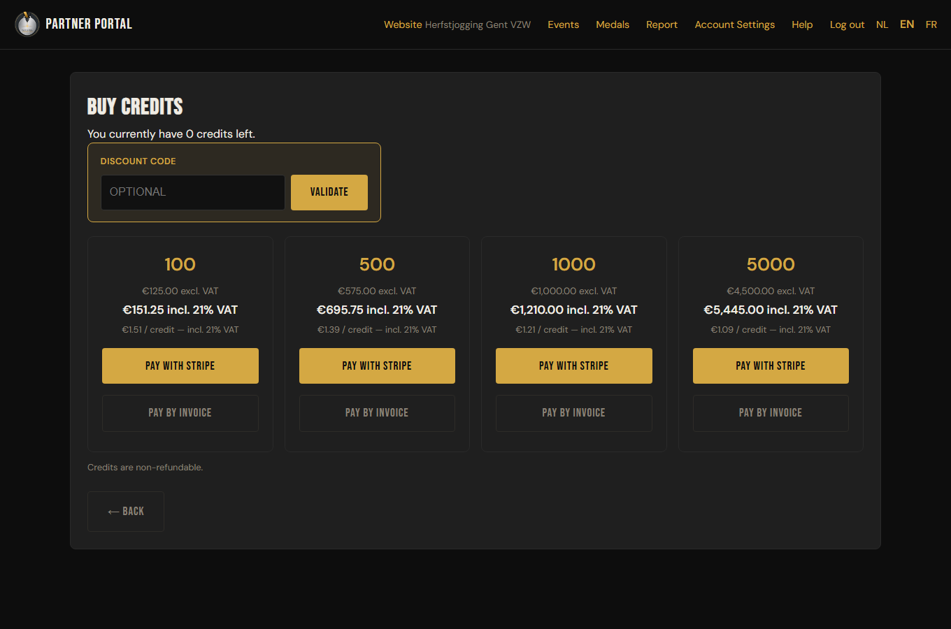The screen to buy credit packages