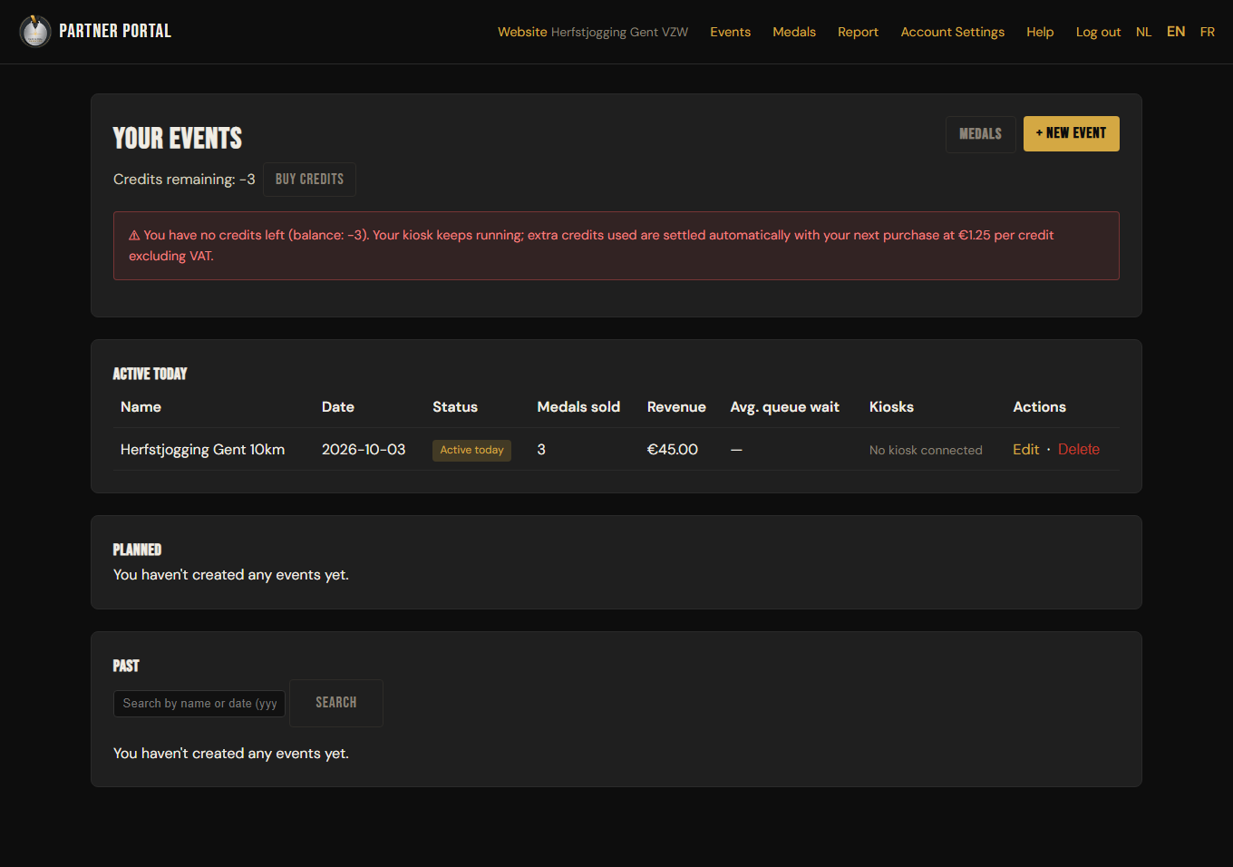 The dashboard with an active event, medals sold and revenue