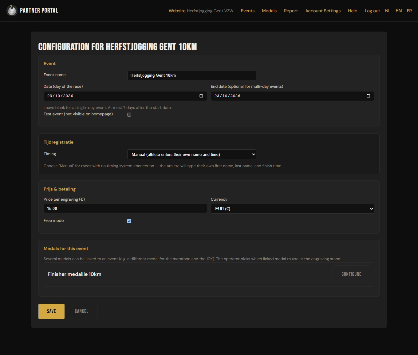 The Medals for this event block, with a linked medal and the Configure button