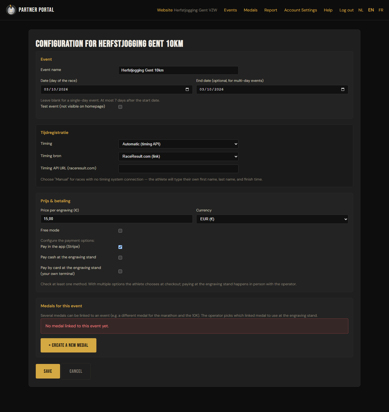 An event's configuration page: name, date, timing and price & payment