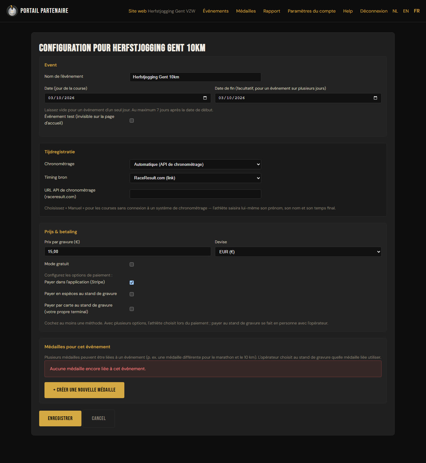 La page de configuration d'un événement : nom, date, chronométrage et prix & paiement
