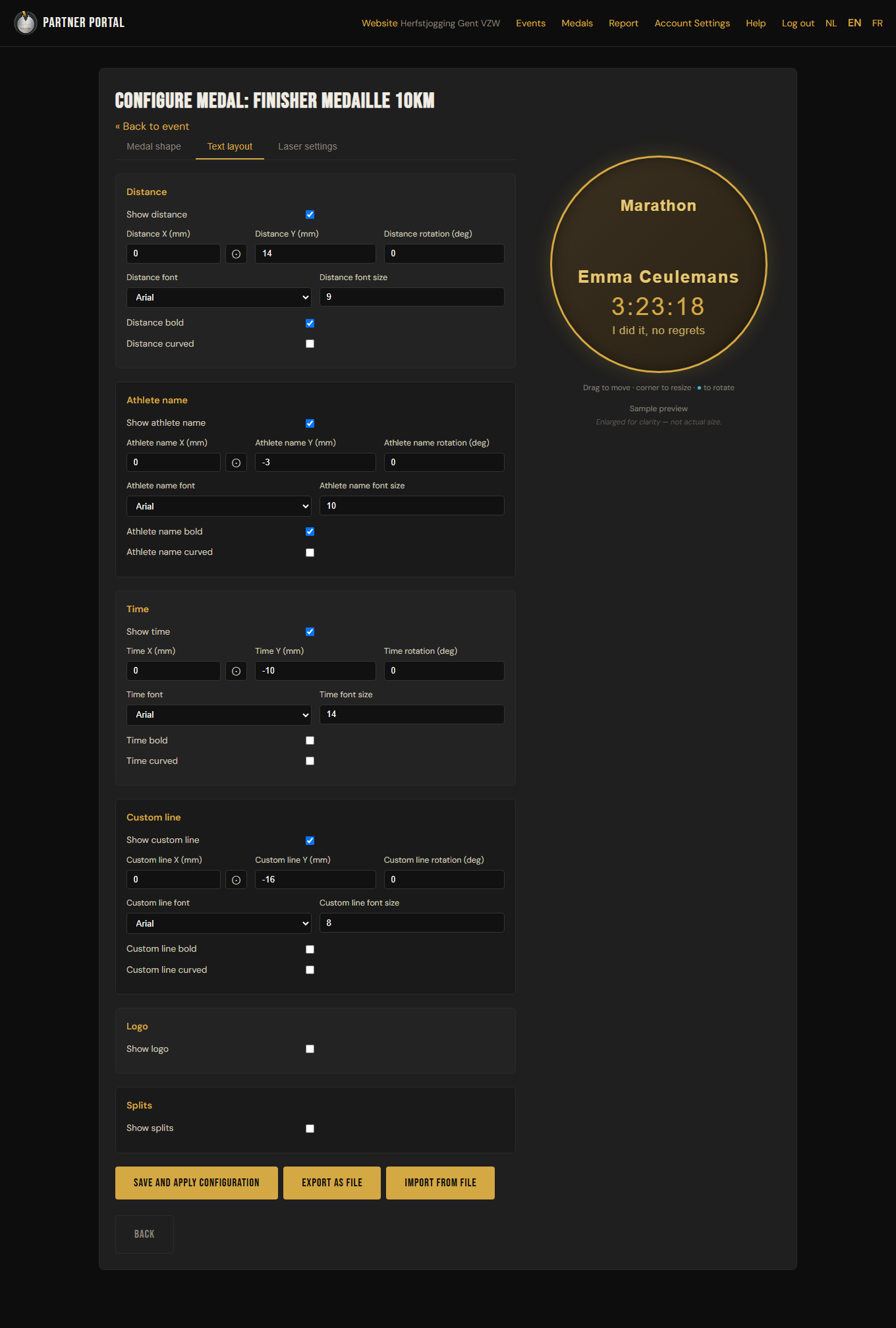 The Text layout tab with draggable text elements in the live preview