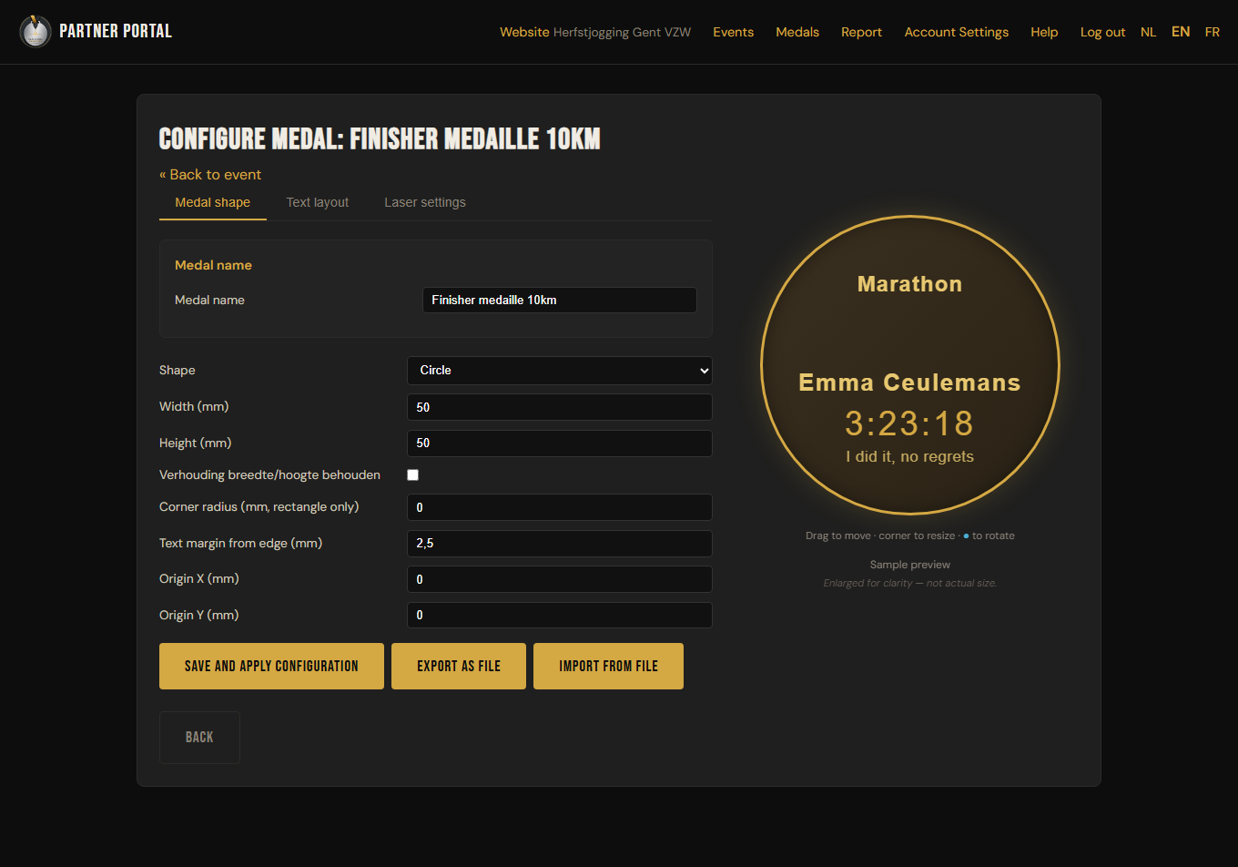 The Medal shape tab with shape, dimensions and live preview