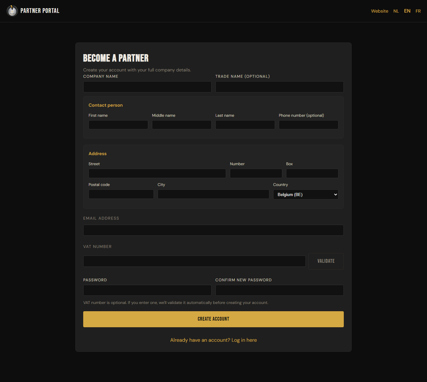 The partner portal registration form with company, contact and address details
