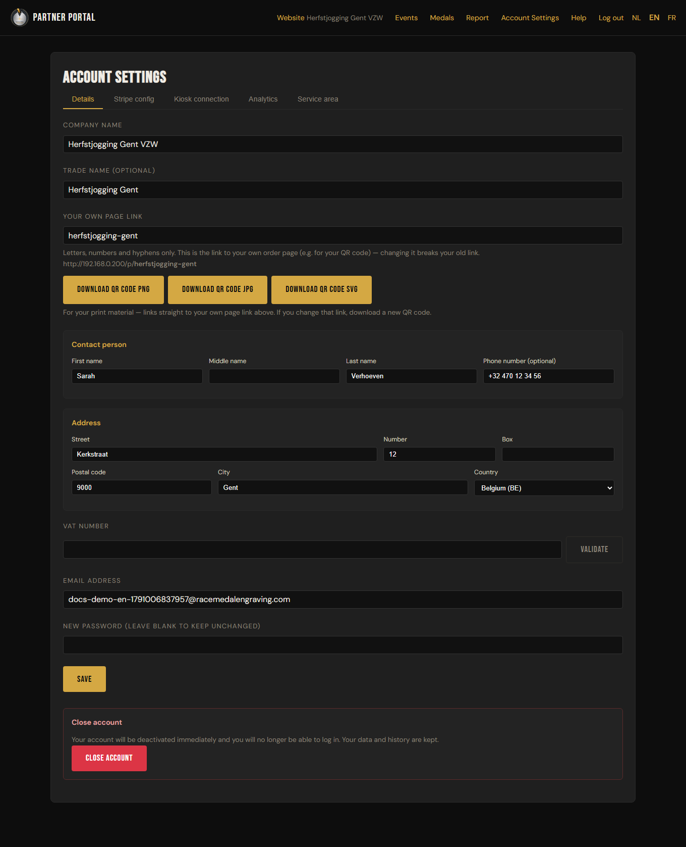 The Details tab in account settings with company details, page link and QR codes