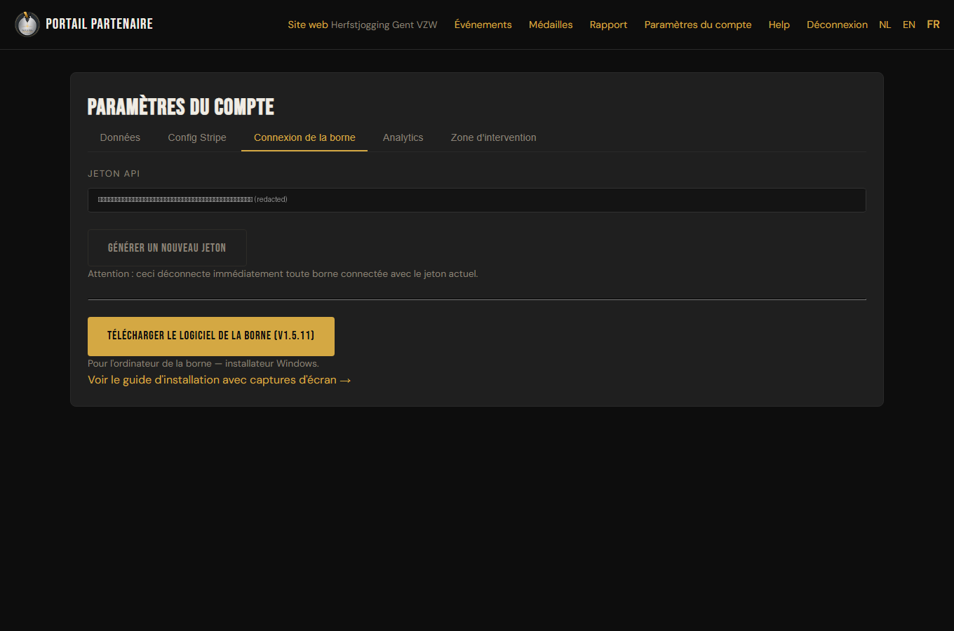 L'onglet Connexion de la borne dans les paramètres du compte avec le jeton API et le bouton de téléchargement du logiciel de borne